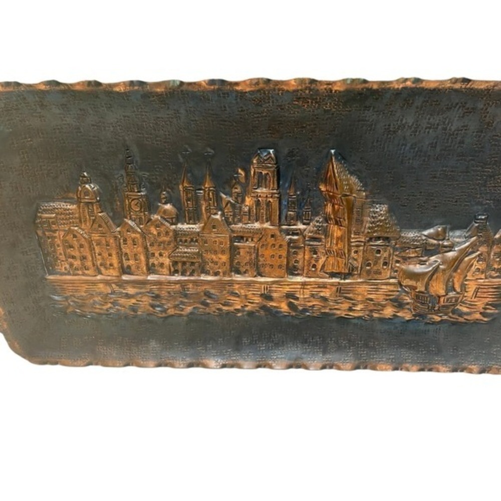 Vintage Hammered Copper Relief Wall Art European Harbor Cityscape Plaque 15x7.5